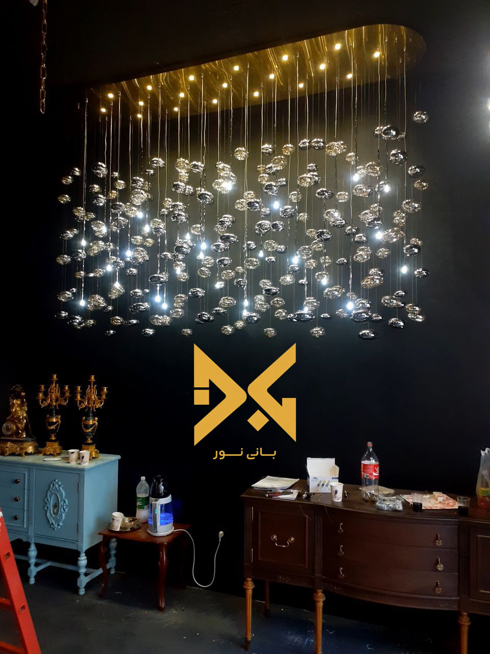 لوستر اویز سقفی طرح  حباب پیرکس اینه ای
